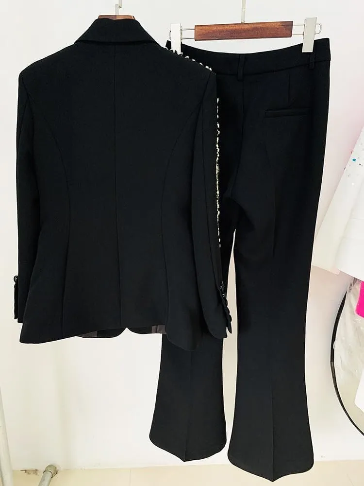 Women's 2 Piece Crystal Set Pant Suits Lady Evening Wedding Rhinestoned Blazer Jacket   Wide Leg Trouser Outfits