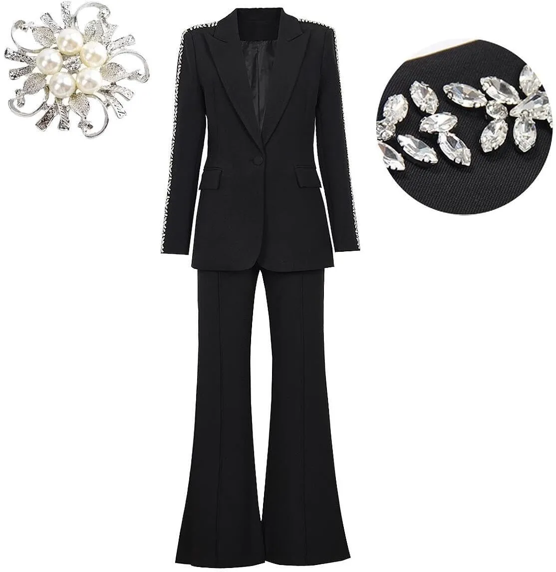 Women's 2 Piece Crystal Set Pant Suits Lady Evening Wedding Rhinestoned Blazer Jacket   Wide Leg Trouser Outfits