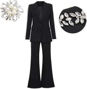 Women's 2 Piece Crystal Set Pant Suits Lady Evening Wedding Rhinestoned Blazer Jacket   Wide Leg Trouser Outfits