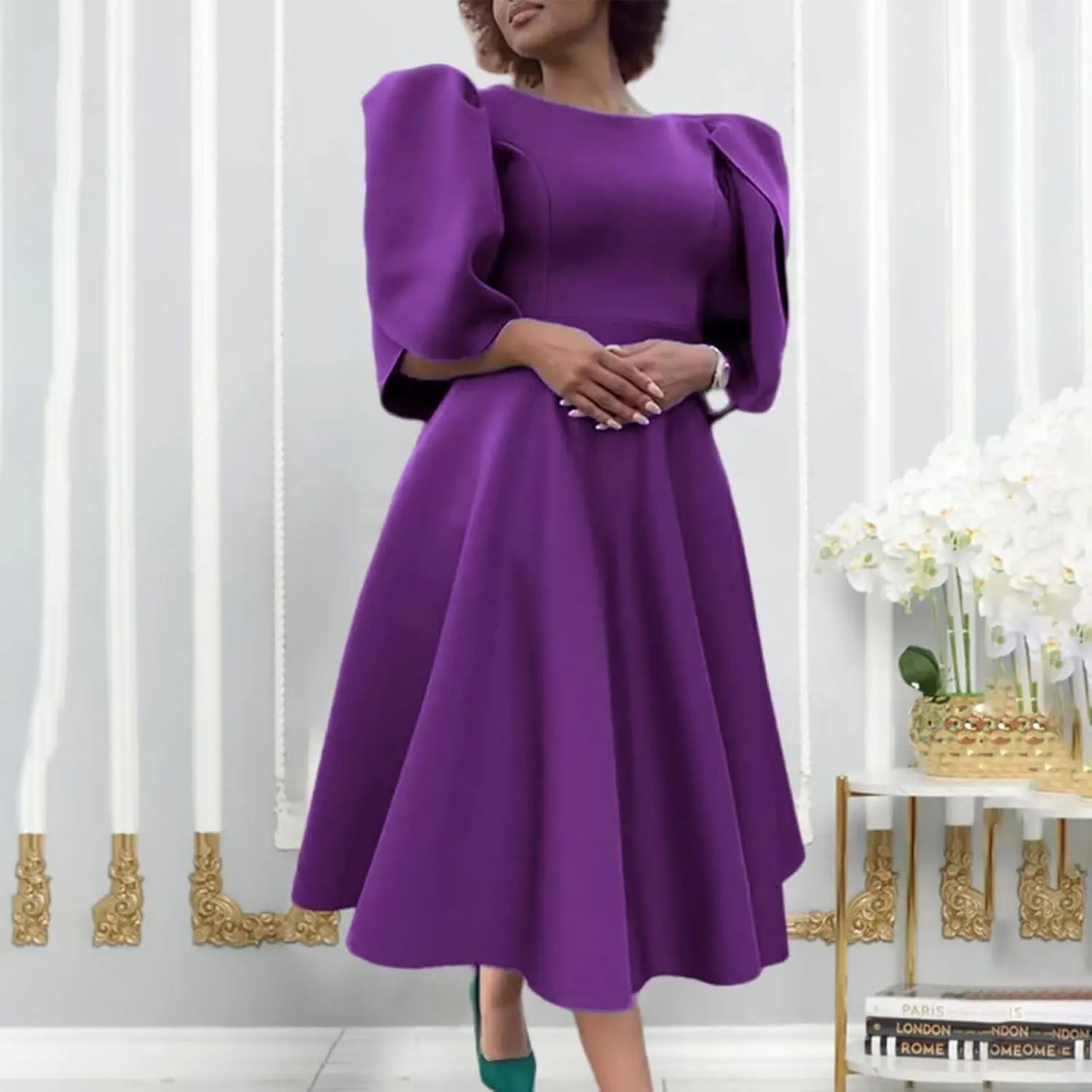 Women's 2025 Summer Round Neck Short Puff Sleeve Solid Color Casual Smocked Flowy A Line Tiered Midi Dress