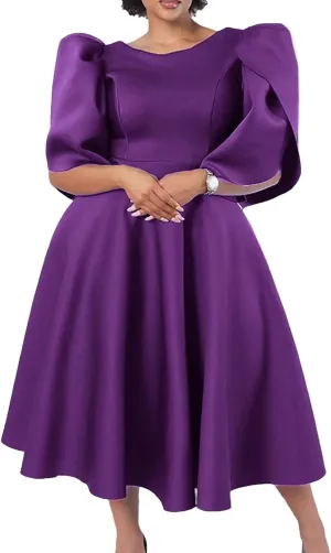 Women's 2025 Summer Round Neck Short Puff Sleeve Solid Color Casual Smocked Flowy A Line Tiered Midi Dress