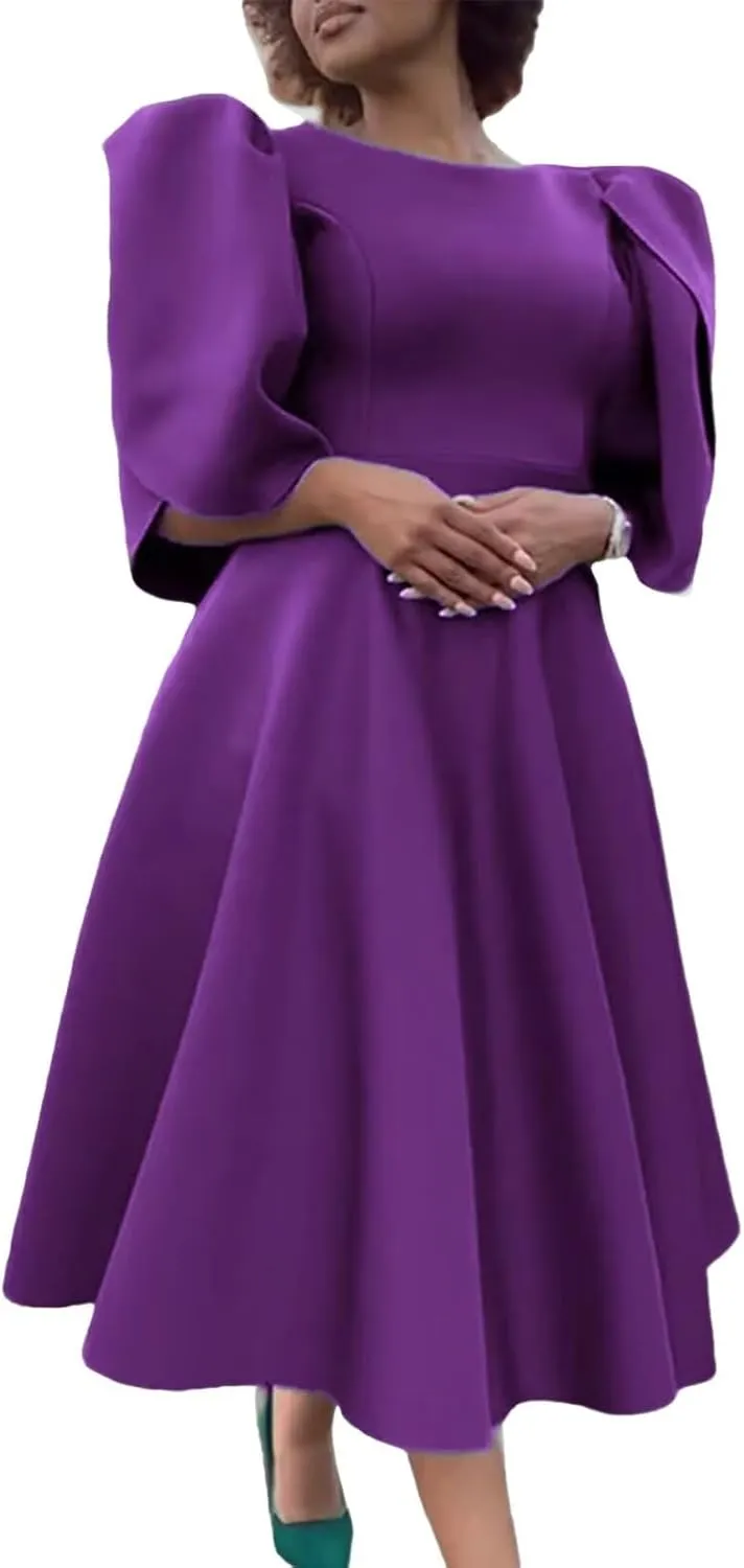 Women's 2025 Summer Round Neck Short Puff Sleeve Solid Color Casual Smocked Flowy A Line Tiered Midi Dress