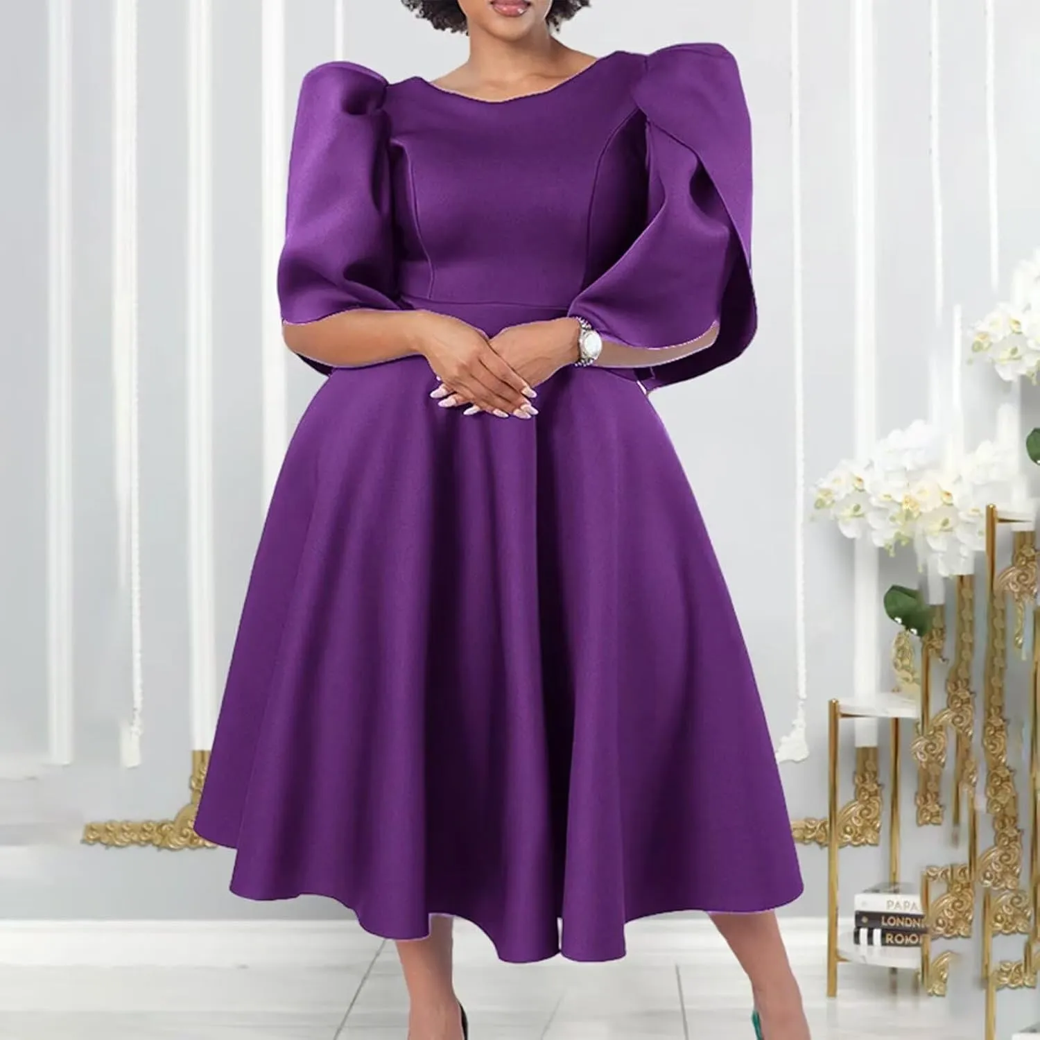 Women's 2025 Summer Round Neck Short Puff Sleeve Solid Color Casual Smocked Flowy A Line Tiered Midi Dress