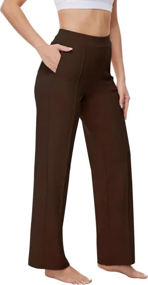 Womens 27"/29"/31" Wide Leg Pull On Loose Yoga Gym Pants, High Waist Tall, Petite, Regular Work Business Slacks