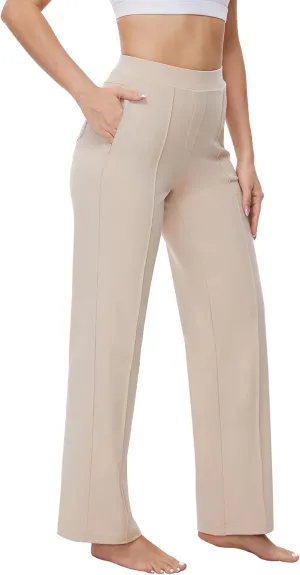 Womens 27"/29"/31" Wide Leg Pull On Loose Yoga Gym Pants, High Waist Tall, Petite, Regular Work Business Slacks