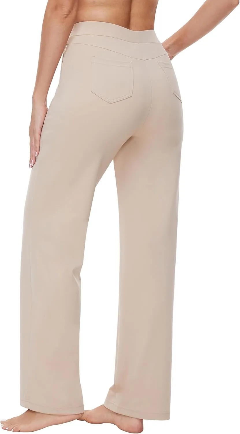 Womens 27"/29"/31" Wide Leg Pull On Loose Yoga Gym Pants, High Waist Tall, Petite, Regular Work Business Slacks