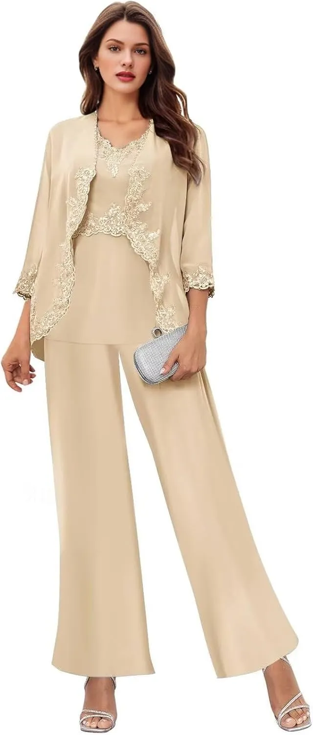 Women's 3PC Mother of The Bride Pants Suits for Wedding Elegant Wedding Pantsuits Formal Outfit Sets