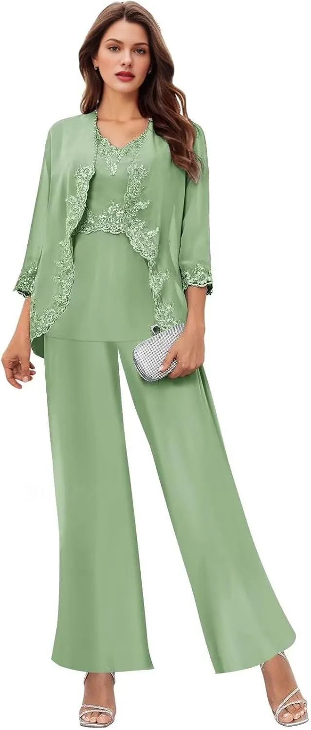 Women's 3PC Mother of The Bride Pants Suits for Wedding Elegant Wedding Pantsuits Formal Outfit Sets