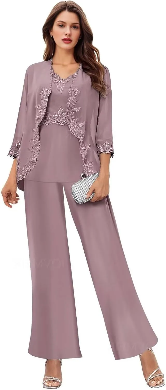 Women's 3PC Mother of The Bride Pants Suits for Wedding Elegant Wedding Pantsuits Formal Outfit Sets
