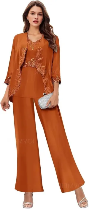 Women's 3PC Mother of The Bride Pants Suits for Wedding Elegant Wedding Pantsuits Formal Outfit Sets