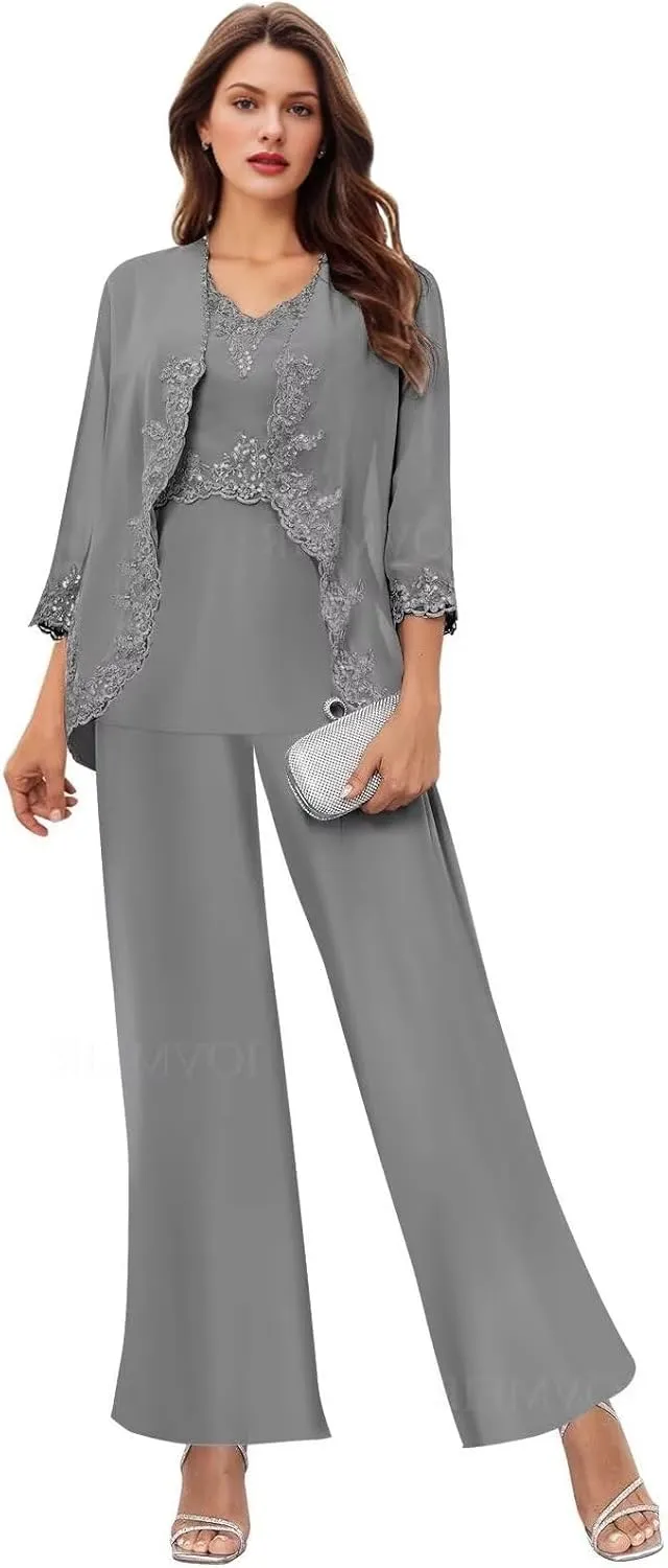 Women's 3PC Mother of The Bride Pants Suits for Wedding Elegant Wedding Pantsuits Formal Outfit Sets