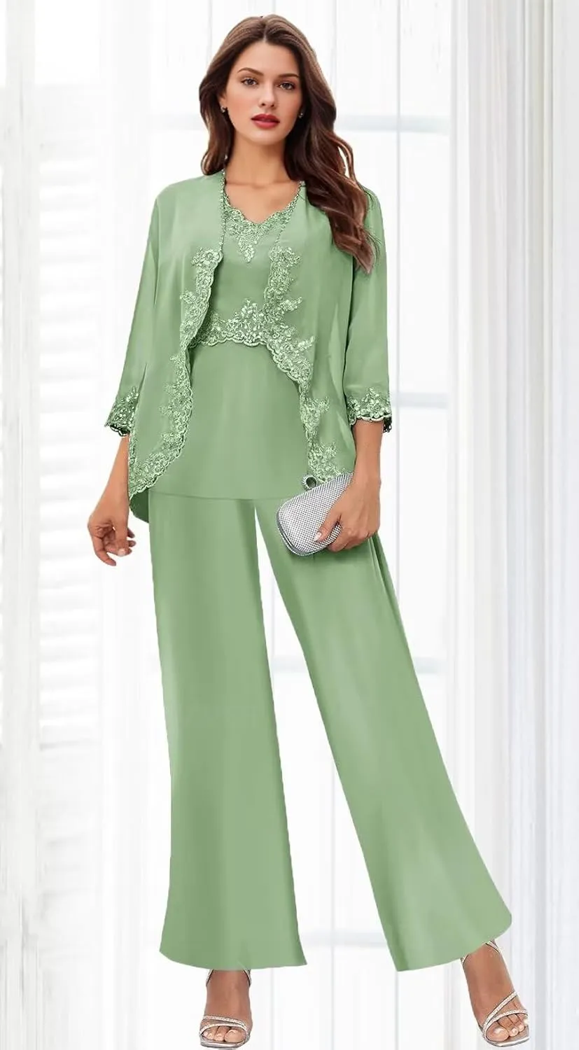 Women's 3PC Mother of The Bride Pants Suits for Wedding Elegant Wedding Pantsuits Formal Outfit Sets