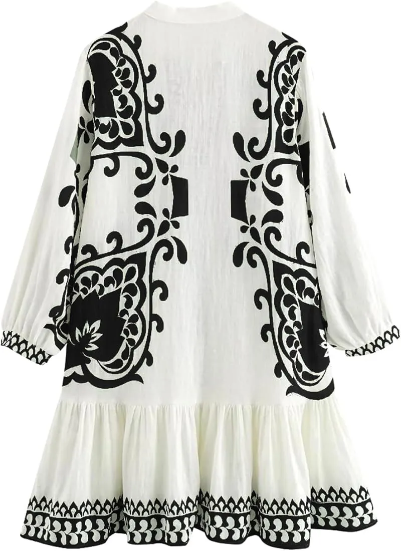 Women's Bohemian Dress Summer Floral Print Pleated Long Sleeve Mini Dresses Casual Button Down V Neck Beach Dress