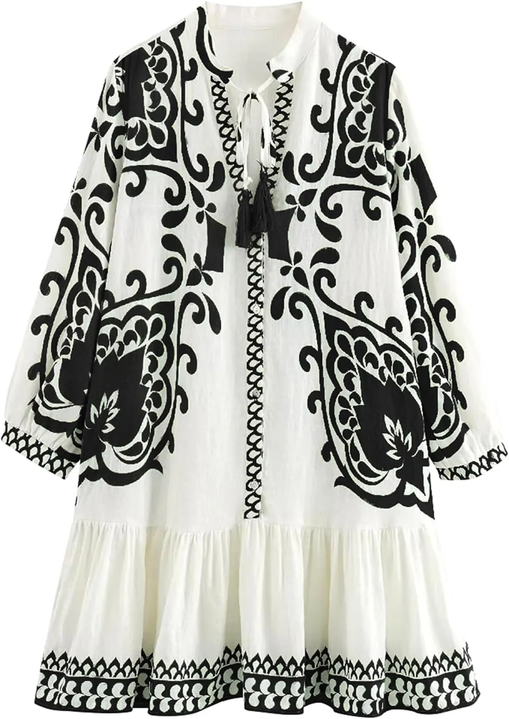 Women's Bohemian Dress Summer Floral Print Pleated Long Sleeve Mini Dresses Casual Button Down V Neck Beach Dress