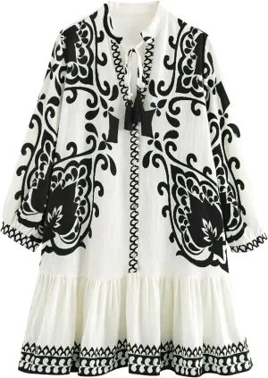 Women's Bohemian Dress Summer Floral Print Pleated Long Sleeve Mini Dresses Casual Button Down V Neck Beach Dress