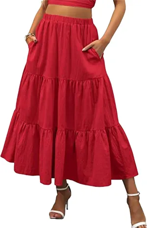 WomenS Boho Elastic Waist Maxi Skirt Dress Pleated A-Line Flowy Swing Tiered Long Beach Skirt Dress with Pockets