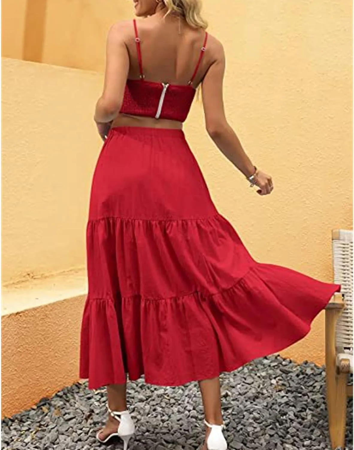 WomenS Boho Elastic Waist Maxi Skirt Dress Pleated A-Line Flowy Swing Tiered Long Beach Skirt Dress with Pockets