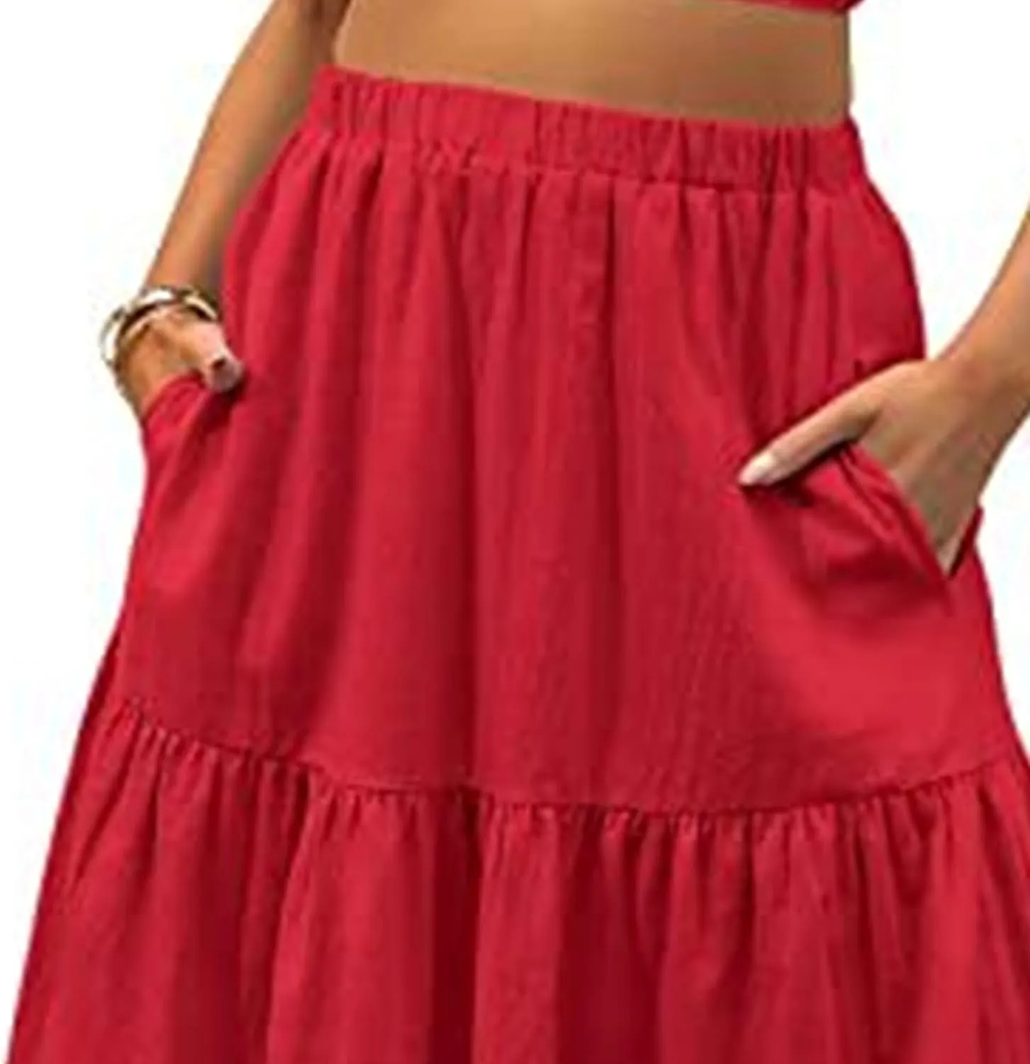 WomenS Boho Elastic Waist Maxi Skirt Dress Pleated A-Line Flowy Swing Tiered Long Beach Skirt Dress with Pockets