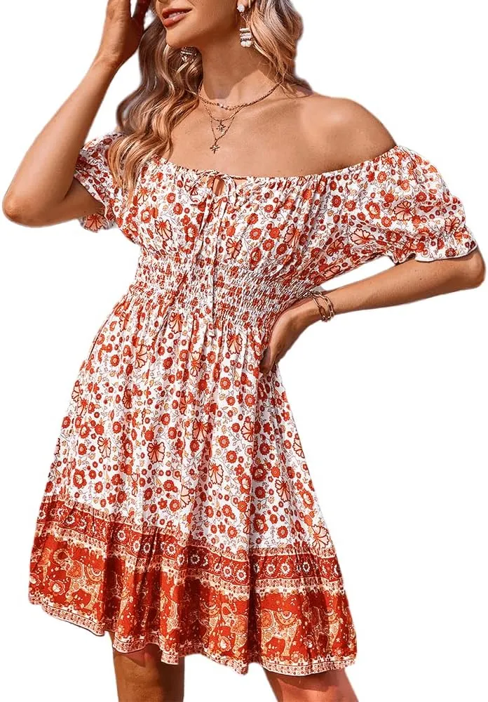 Women's Boho Off Shoulder A-Line Mini Dress, Ruffle Short Sleeve Floral Printed Tie Front Vintage Swing Beach Dresses