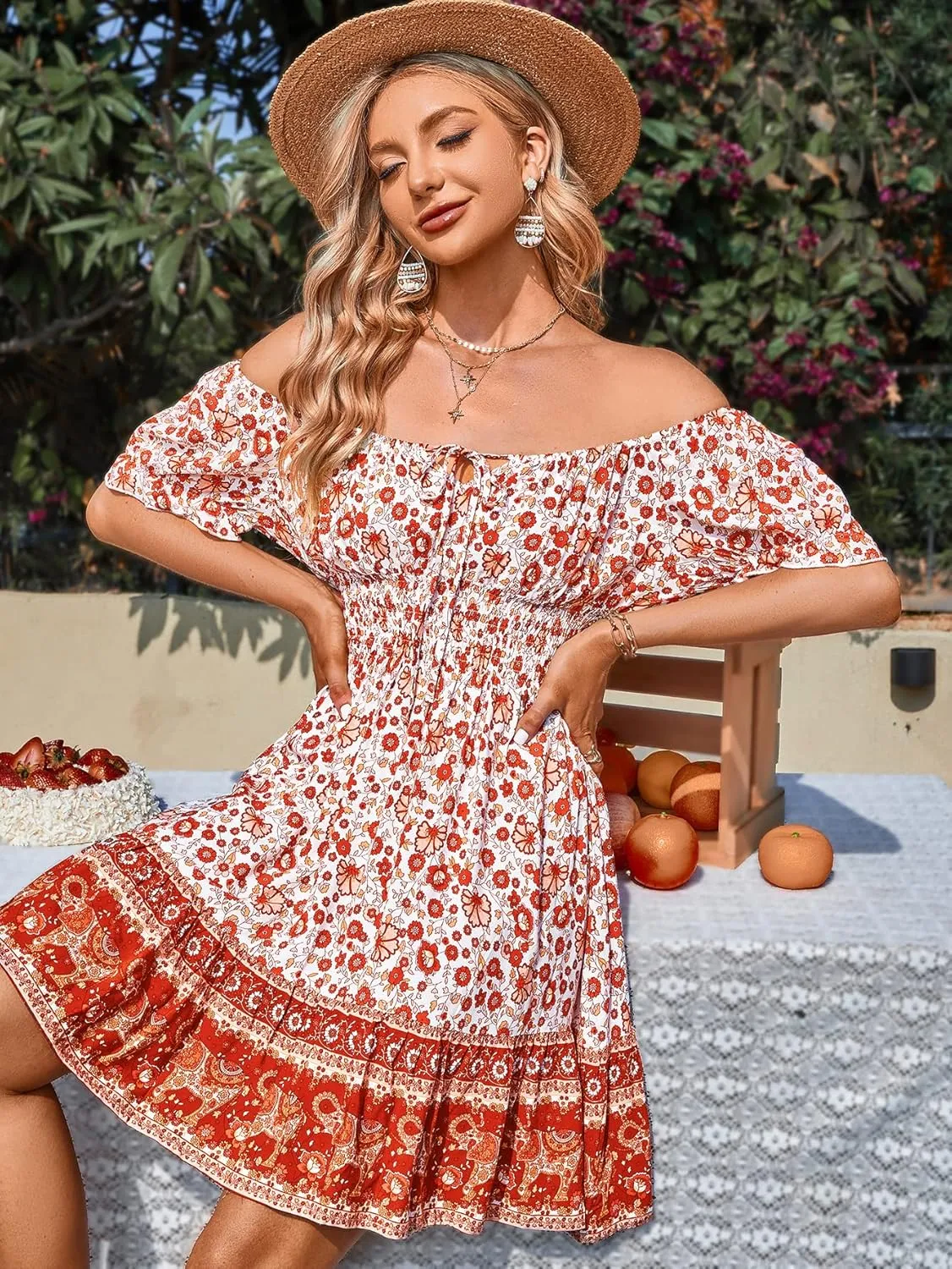 Women's Boho Off Shoulder A-Line Mini Dress, Ruffle Short Sleeve Floral Printed Tie Front Vintage Swing Beach Dresses