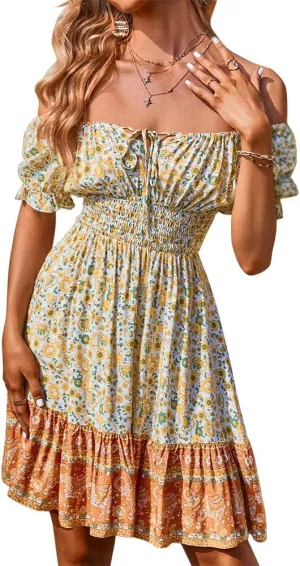 Women's Boho Off Shoulder A-Line Mini Dress, Ruffle Short Sleeve Floral Printed Tie Front Vintage Swing Beach Dresses