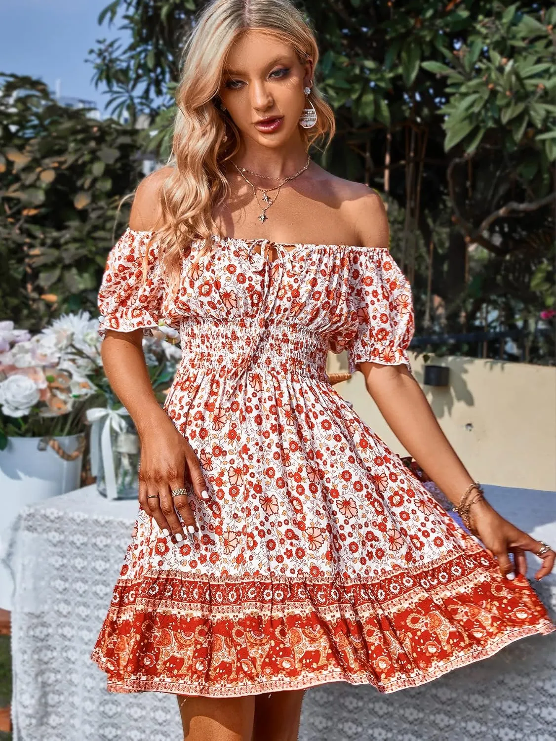 Women's Boho Off Shoulder A-Line Mini Dress, Ruffle Short Sleeve Floral Printed Tie Front Vintage Swing Beach Dresses