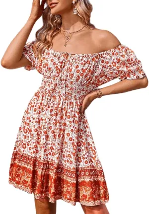 Women's Boho Off Shoulder A-Line Mini Dress, Ruffle Short Sleeve Floral Printed Tie Front Vintage Swing Beach Dresses