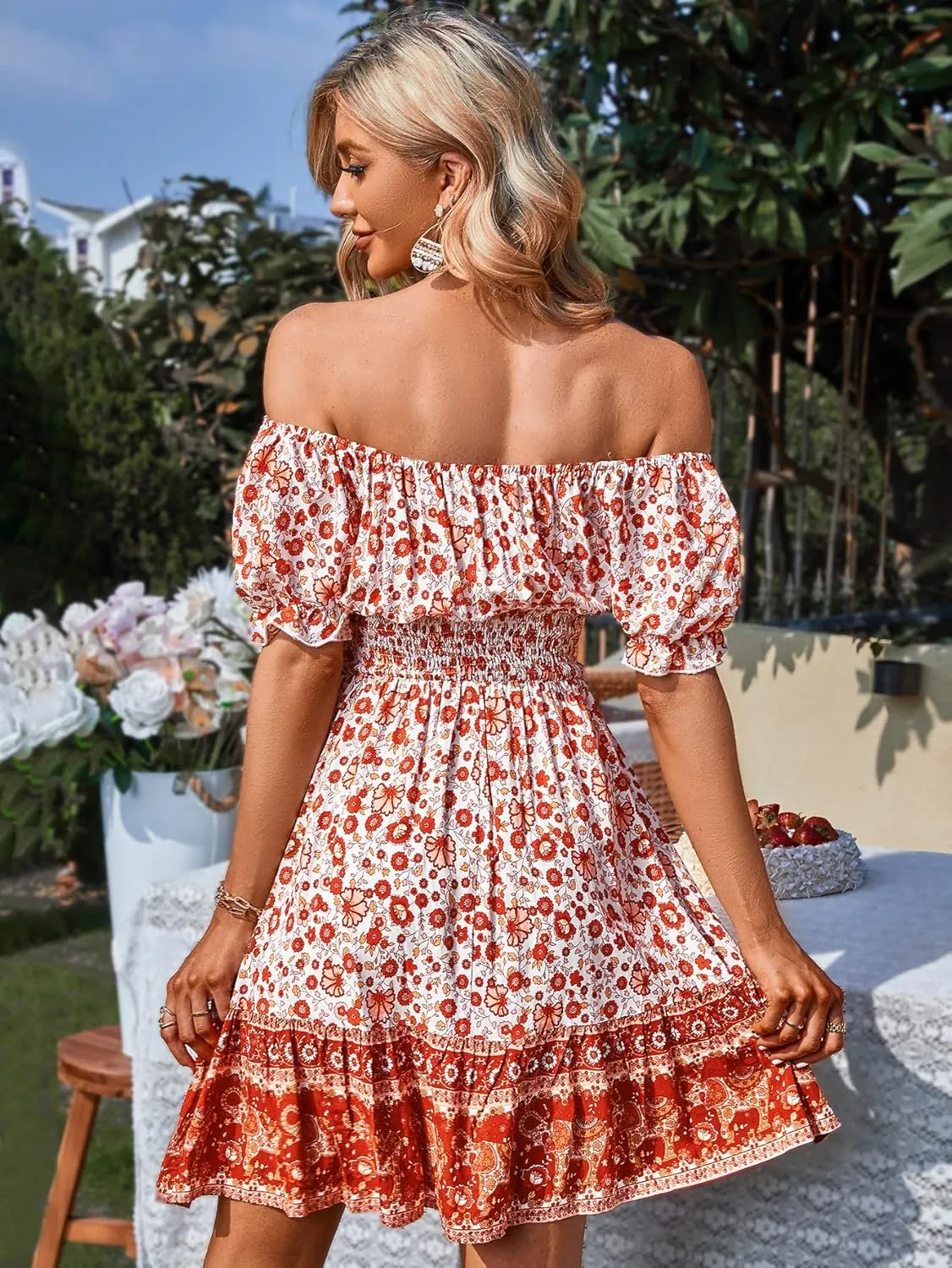 Women's Boho Off Shoulder A-Line Mini Dress, Ruffle Short Sleeve Floral Printed Tie Front Vintage Swing Beach Dresses