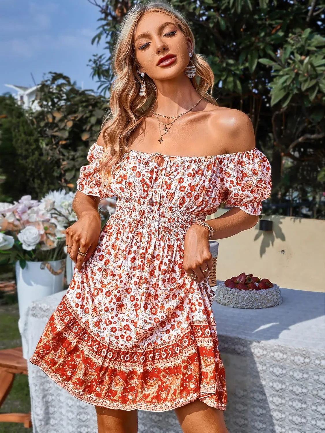 Women's Boho Off Shoulder A-Line Mini Dress, Ruffle Short Sleeve Floral Printed Tie Front Vintage Swing Beach Dresses