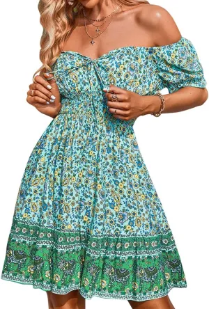 Women's Boho Off Shoulder A-Line Mini Dress, Ruffle Short Sleeve Floral Printed Tie Front Vintage Swing Beach Dresses