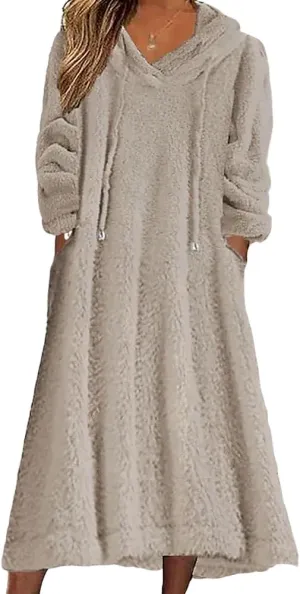 Women's Casual Fluffy Granular Fleece Sherpa Hooded Dress Oversized Plush Fuzzy Pullover Coat with Pockets