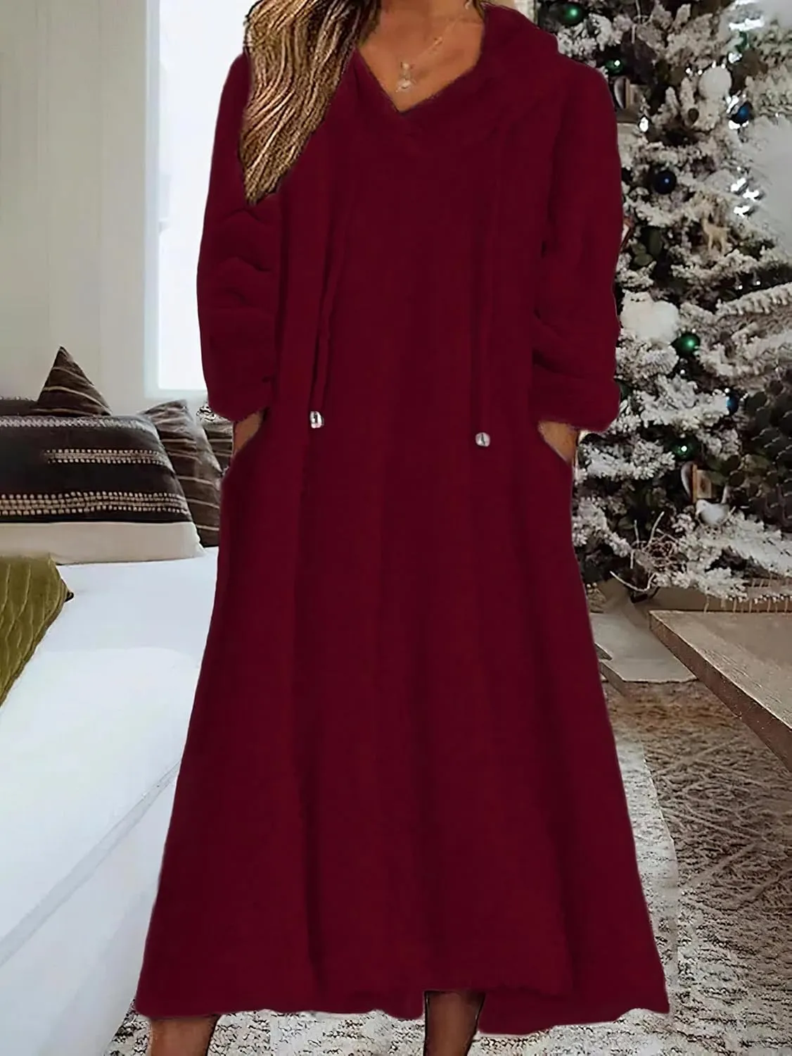 Women's Casual Fluffy Granular Fleece Sherpa Hooded Dress Oversized Plush Fuzzy Pullover Coat with Pockets