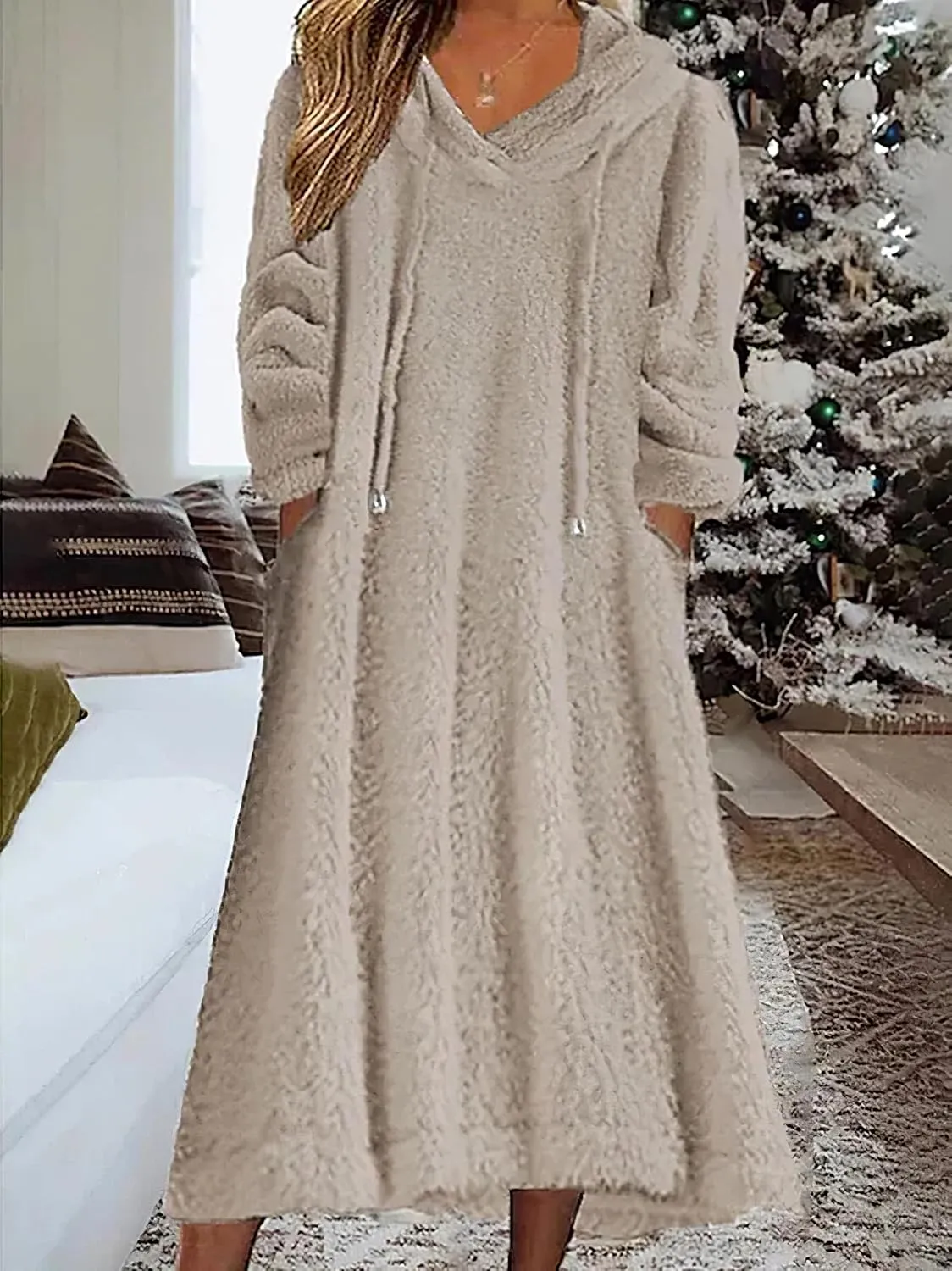Women's Casual Fluffy Granular Fleece Sherpa Hooded Dress Oversized Plush Fuzzy Pullover Coat with Pockets