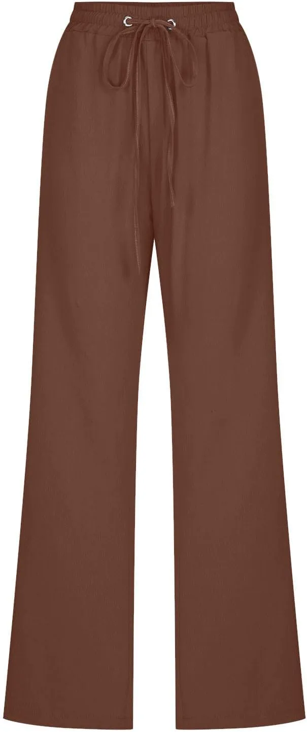 Womens Cotton Linen Pants Lace Up Elastic Waist Casual Solid Straight Leg Trousers Summer Loose Comfy Beach Pant