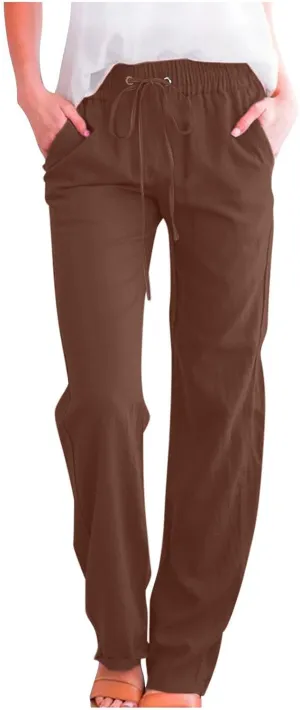 Womens Cotton Linen Pants Lace Up Elastic Waist Casual Solid Straight Leg Trousers Summer Loose Comfy Beach Pant