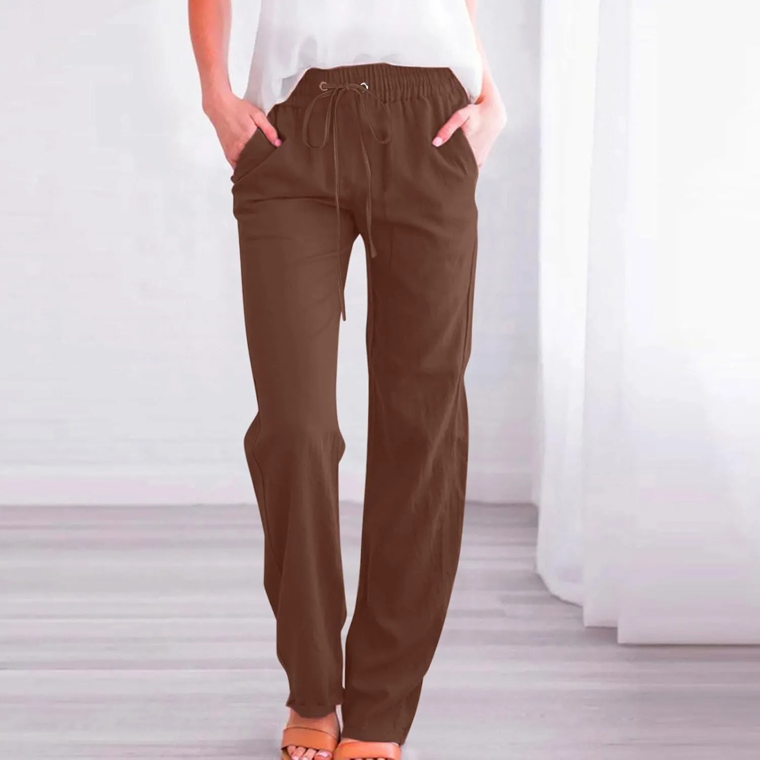 Womens Cotton Linen Pants Lace Up Elastic Waist Casual Solid Straight Leg Trousers Summer Loose Comfy Beach Pant