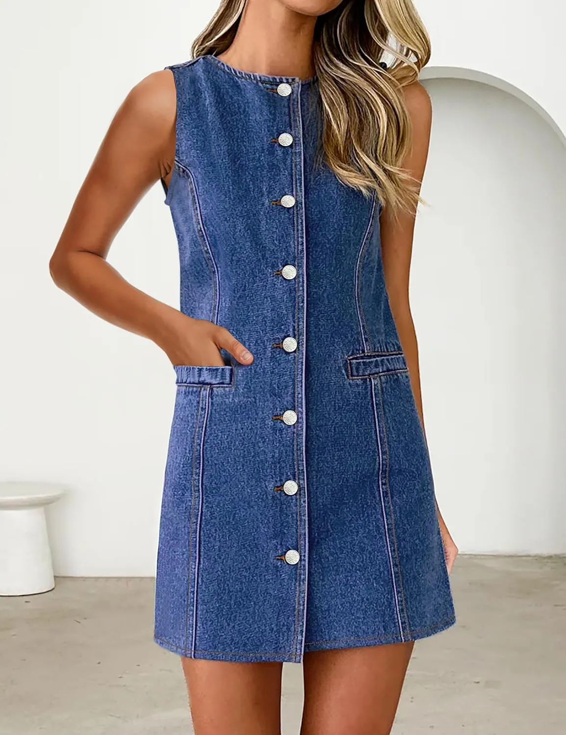 Women's Denim Dress Jean Sleeveless Button Down Shirt Mini Tank Casual Summer Dresses with Pocket 2025 Trendy Outfits