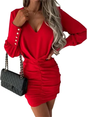 Women's Elegant Long Sleeve Dresses Spring Casual V Neck Business Dress Wedding Guest Flowy Pleated Midi Dress
