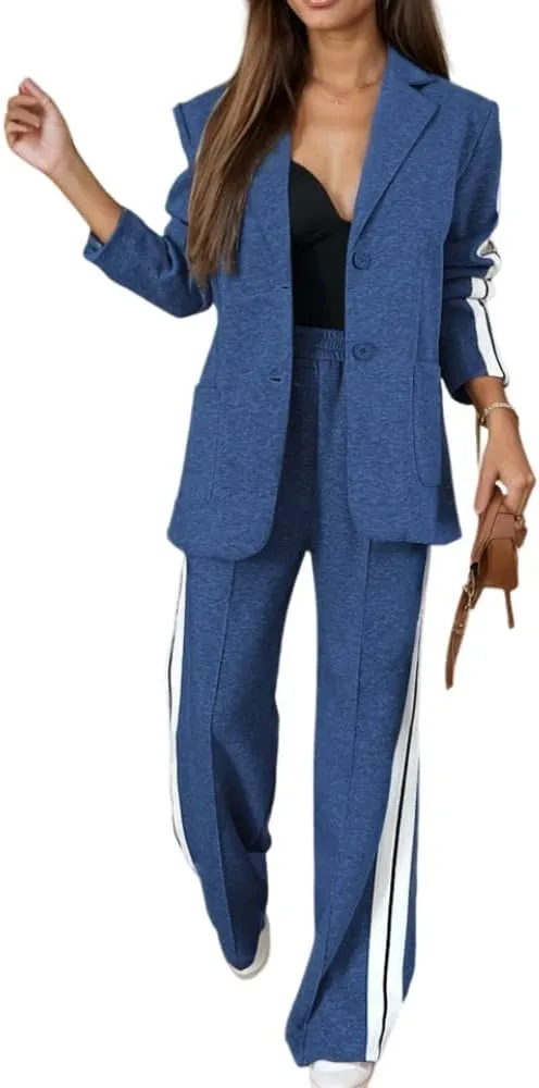 Women's Fall 2 Piece Blazer Outfits Dressy Casual Oversized Button Up Jacket Wide Leg Long Pants Suit Set with Pockets