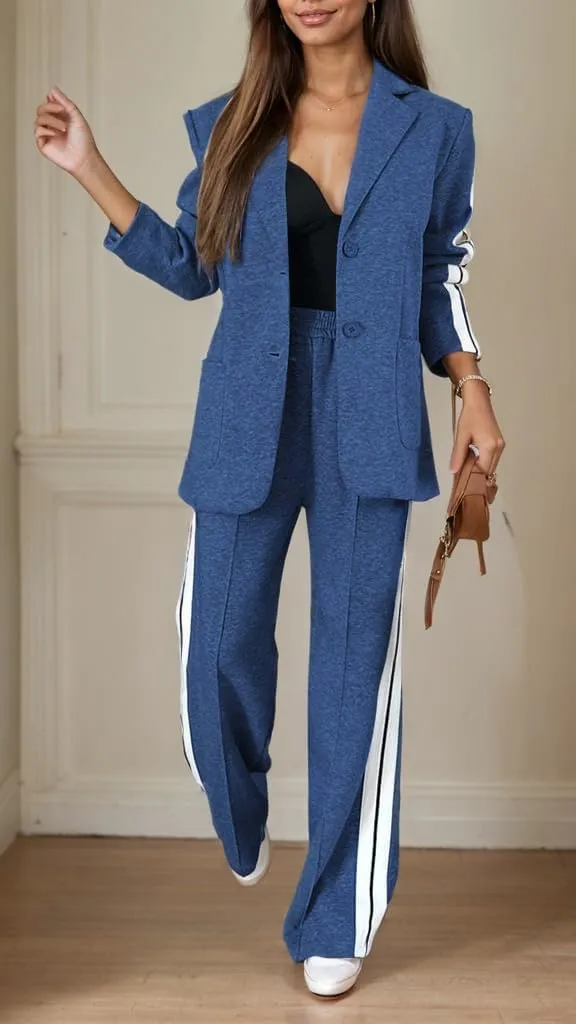 Women's Fall 2 Piece Blazer Outfits Dressy Casual Oversized Button Up Jacket Wide Leg Long Pants Suit Set with Pockets
