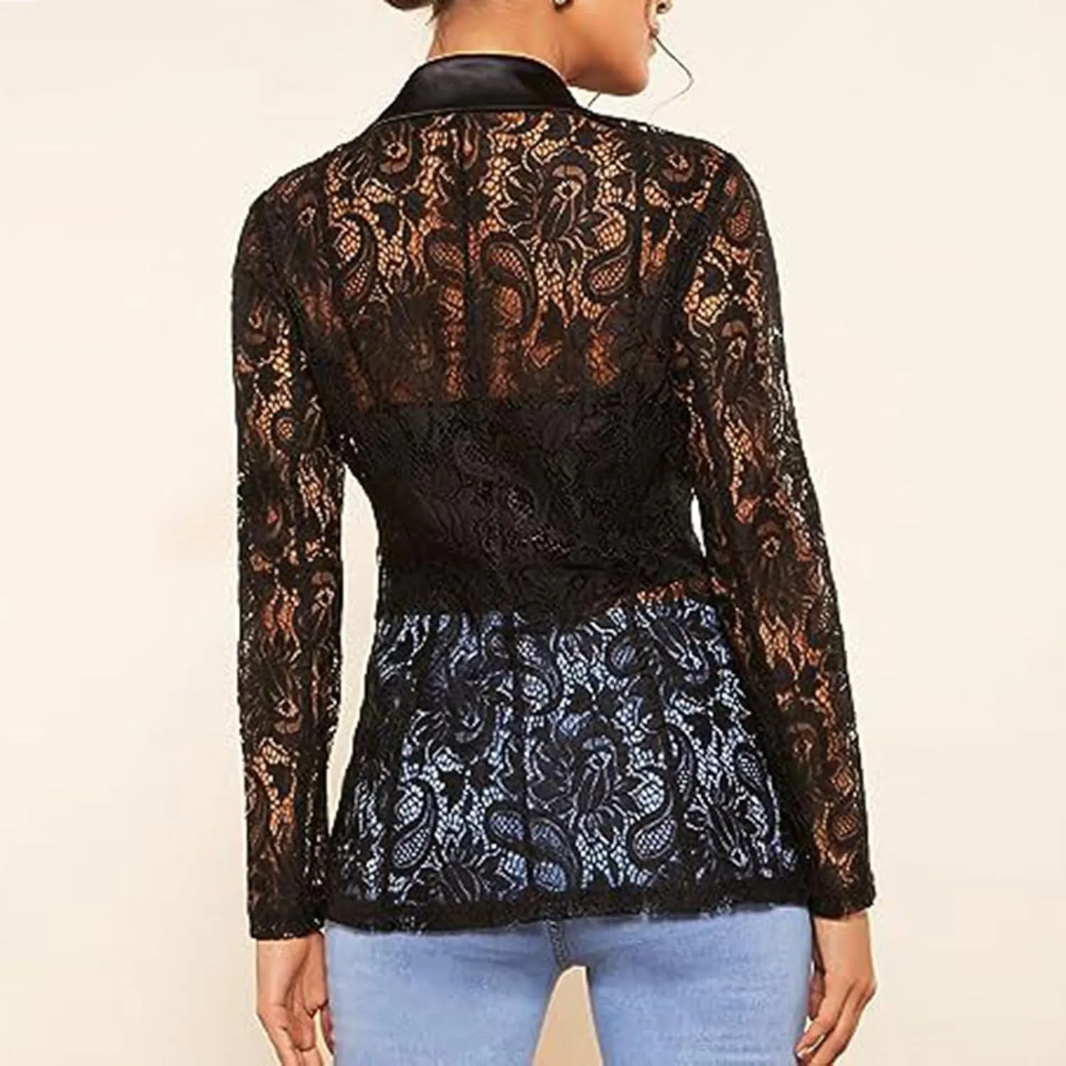 Women's Fashion Floral Lace Blazer Single Button Lapel Neck Sheer Mesh Jacket