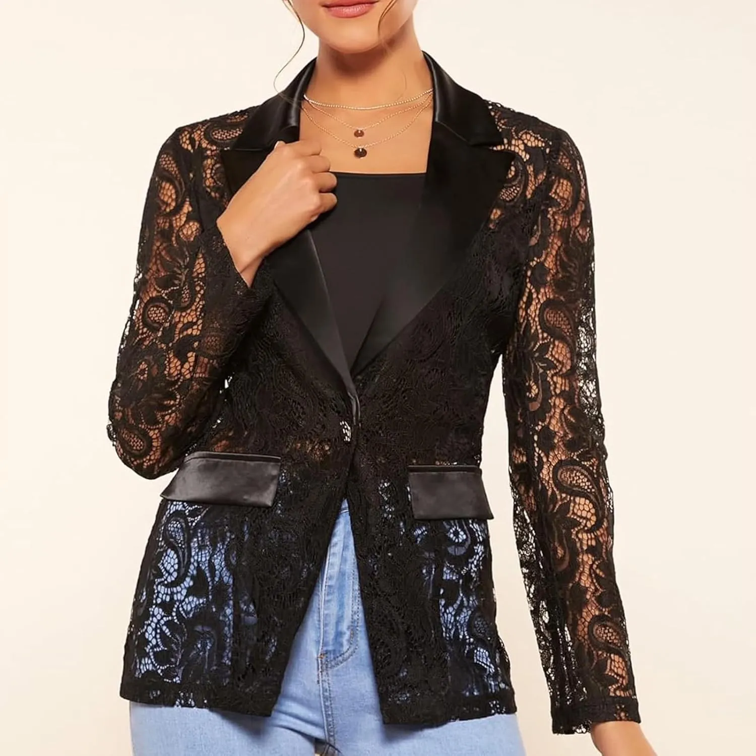 Women's Fashion Floral Lace Blazer Single Button Lapel Neck Sheer Mesh Jacket