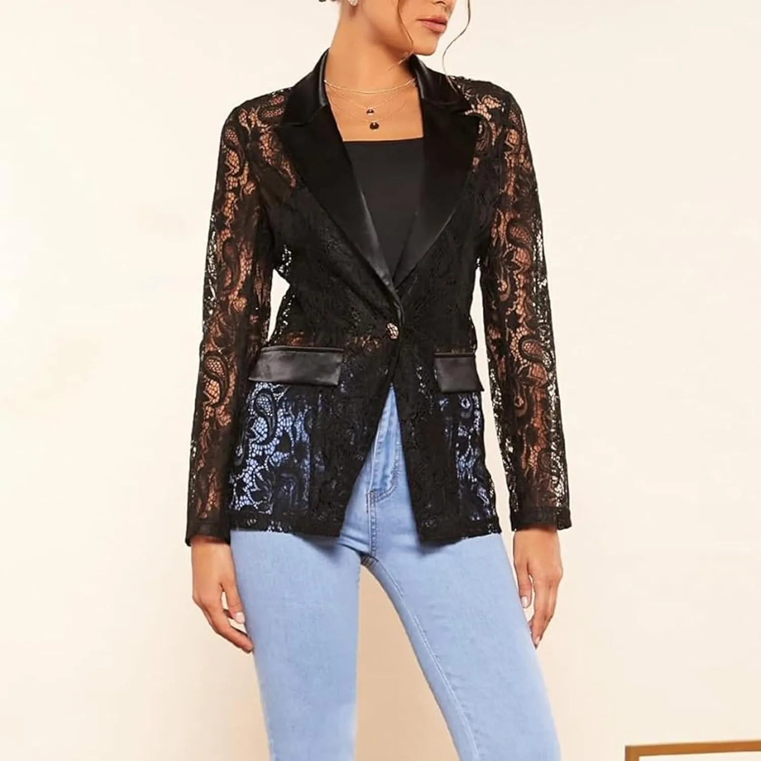 Women's Fashion Floral Lace Blazer Single Button Lapel Neck Sheer Mesh Jacket