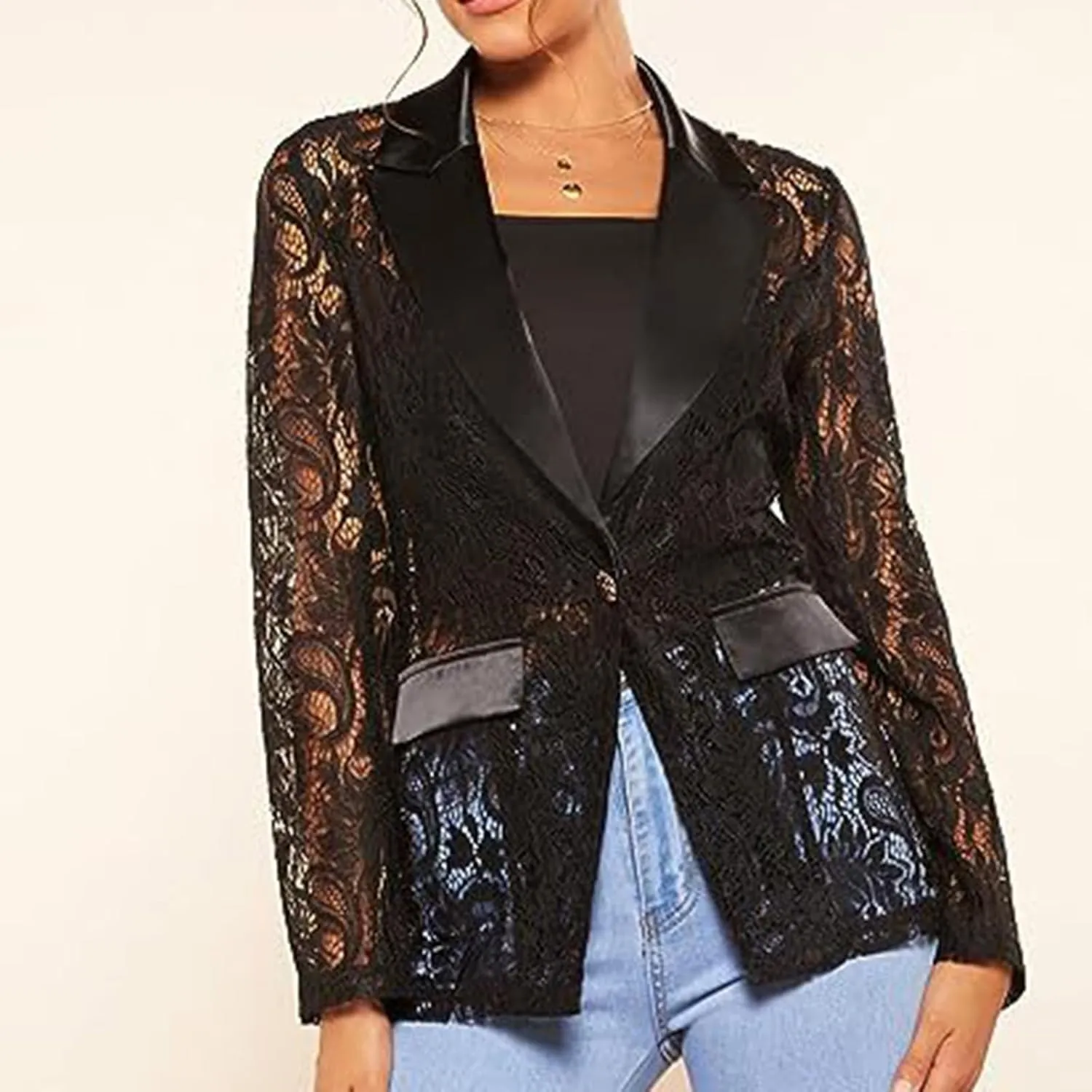 Women's Fashion Floral Lace Blazer Single Button Lapel Neck Sheer Mesh Jacket
