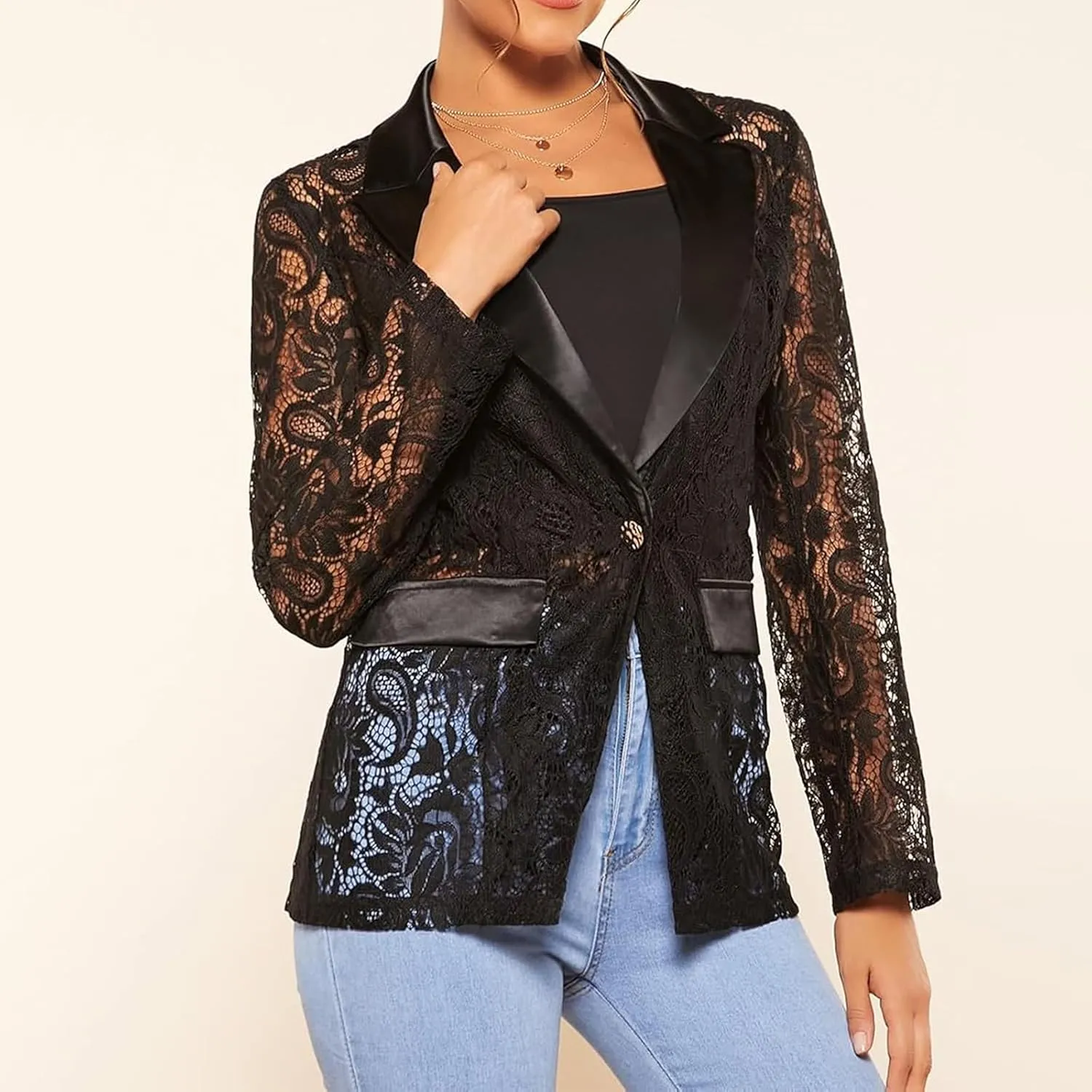Women's Fashion Floral Lace Blazer Single Button Lapel Neck Sheer Mesh Jacket