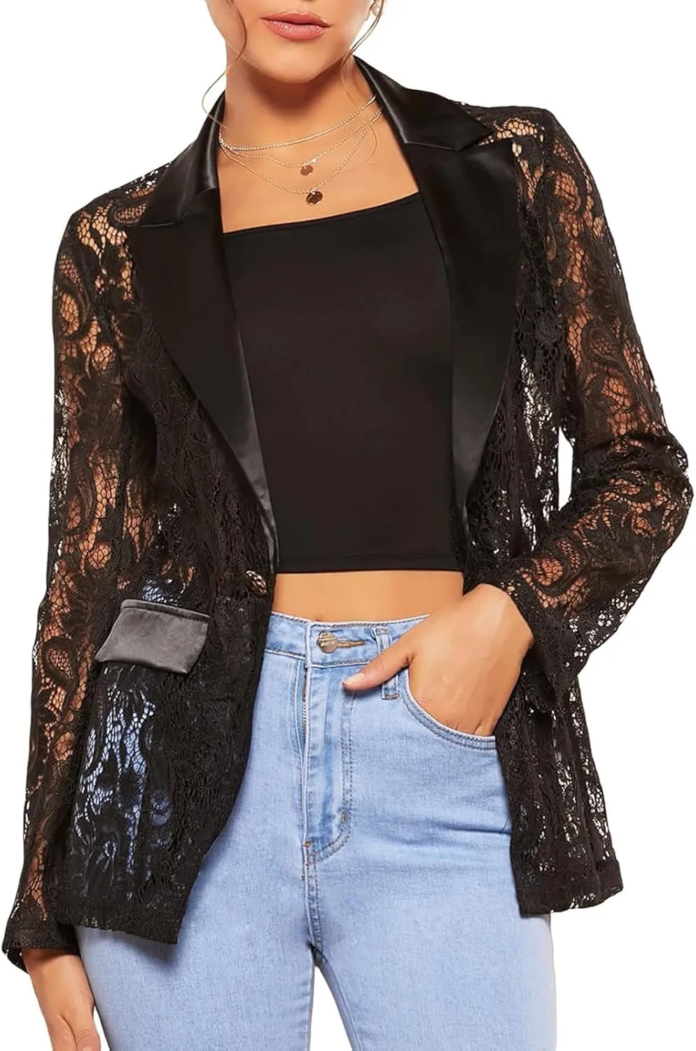 Women's Fashion Floral Lace Blazer Single Button Lapel Neck Sheer Mesh Jacket