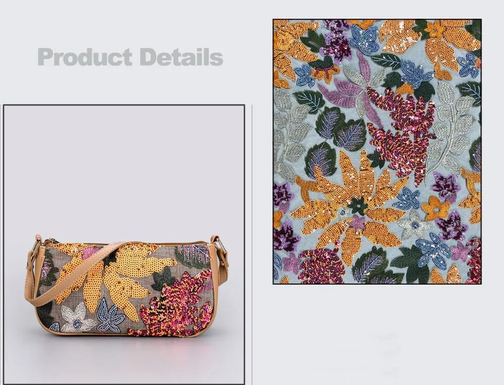 Women's Floral Embroidery Purse, Leather Sequin Beaded Handbag,Summer Beach Tote Shoulder Bag Vacation Wedding Party