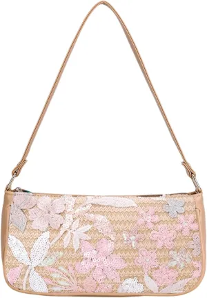 Women's Floral Embroidery Purse, Leather Sequin Beaded Handbag,Summer Beach Tote Shoulder Bag Vacation Wedding Party