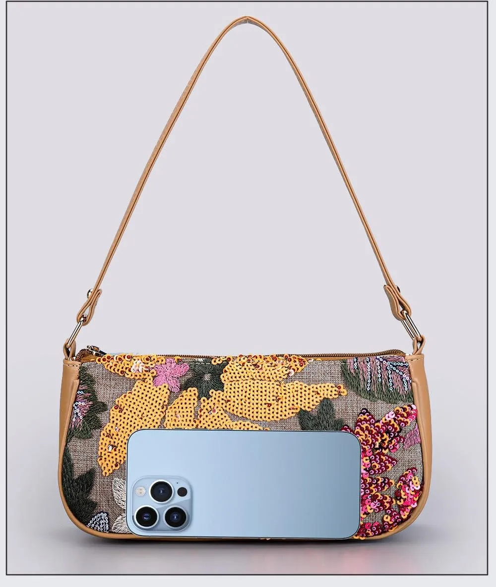 Women's Floral Embroidery Purse, Leather Sequin Beaded Handbag,Summer Beach Tote Shoulder Bag Vacation Wedding Party