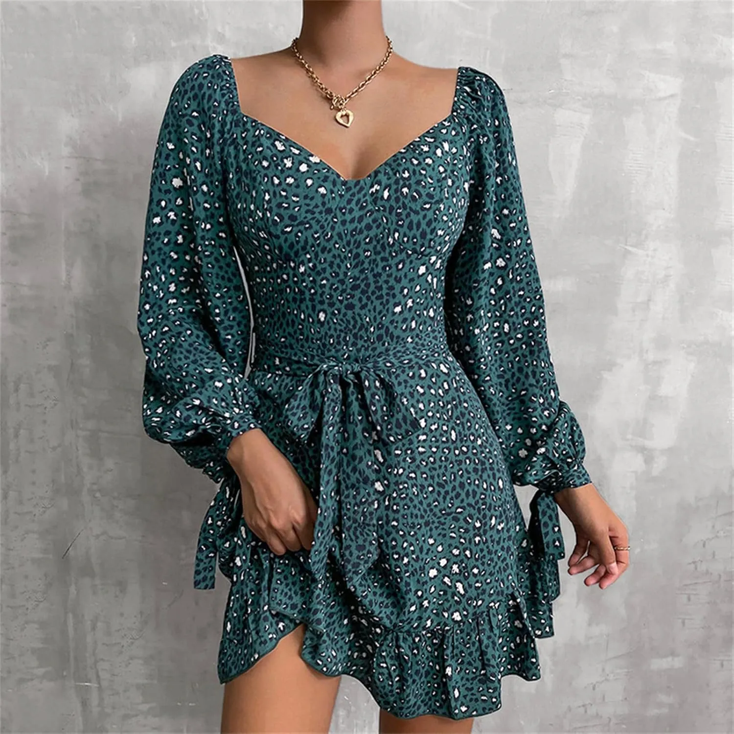 Womens Floral Ruffle Sun Dress Sundress V Neck Long Sleeve Smocked Skater Mini Dress Summer Print Swing A-Line Dresses